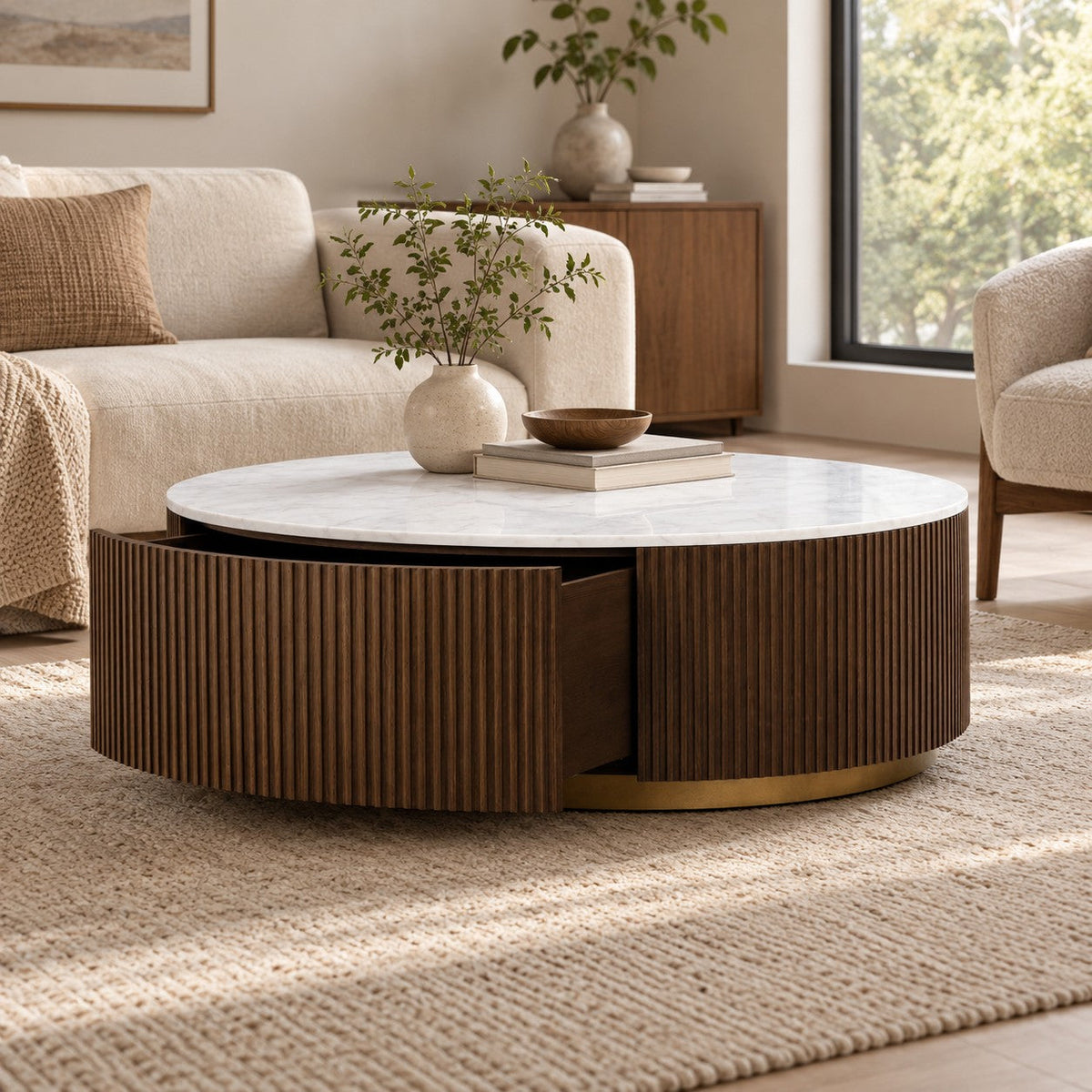 Happyarcadian Stone Top Round Storage Coffee Table