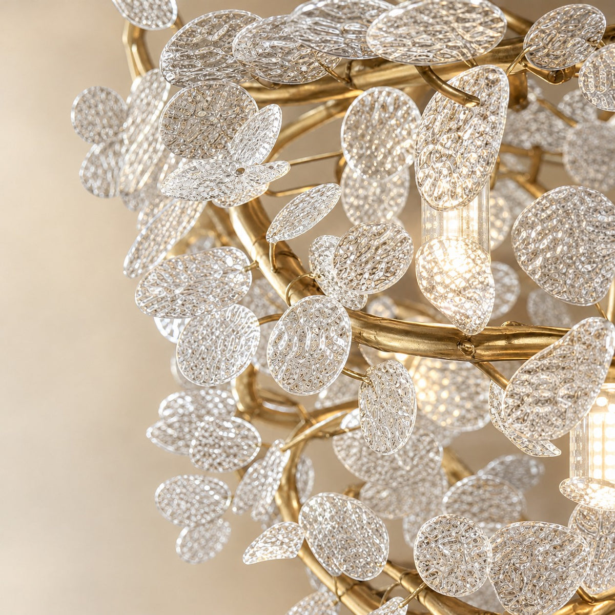 Frosted Glass Leaf Halo Chandelier with Gold Branch Frame