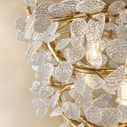 Frosted Glass Leaf Halo Chandelier with Gold Branch Frame