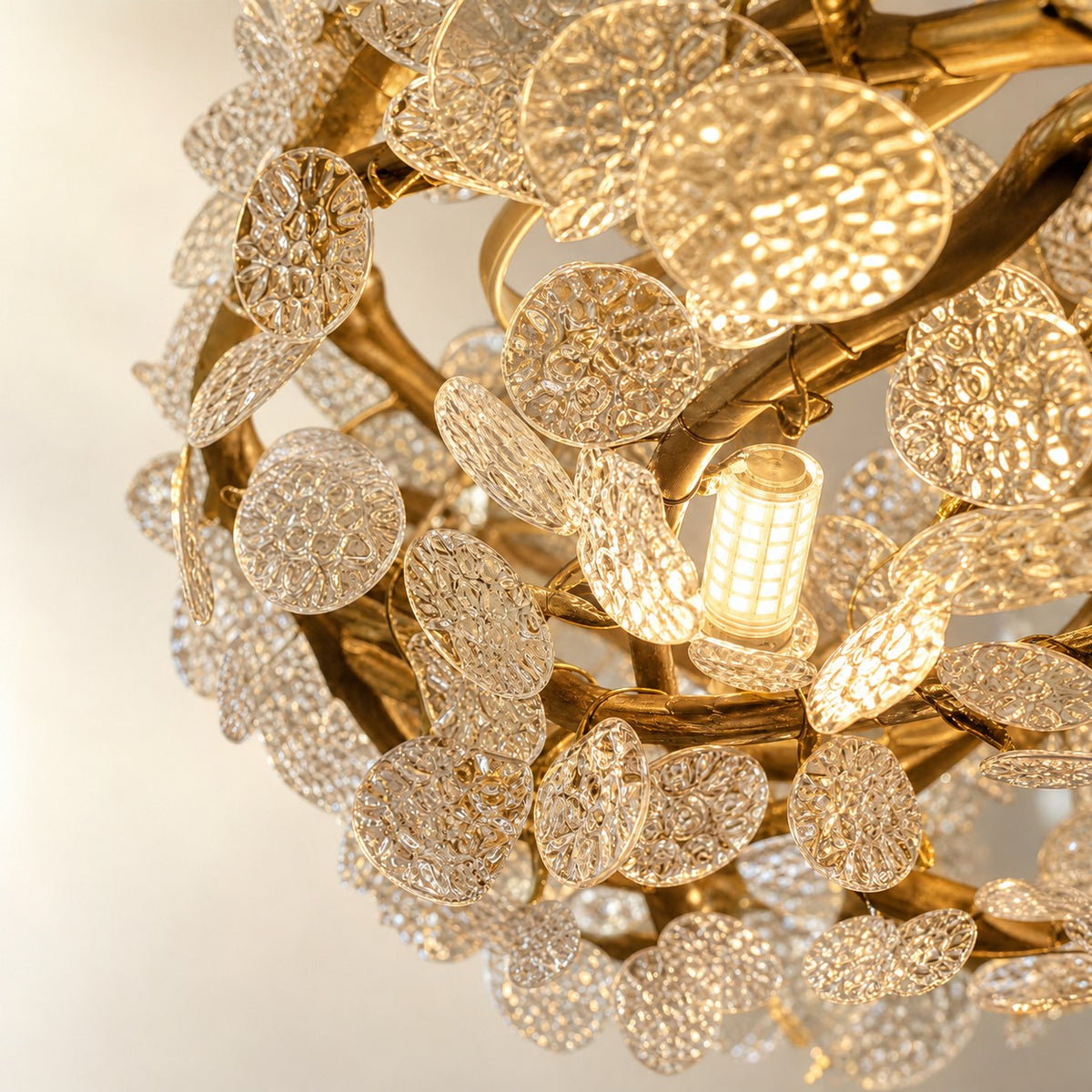 Frosted Glass Leaf Halo Chandelier with Gold Branch Frame