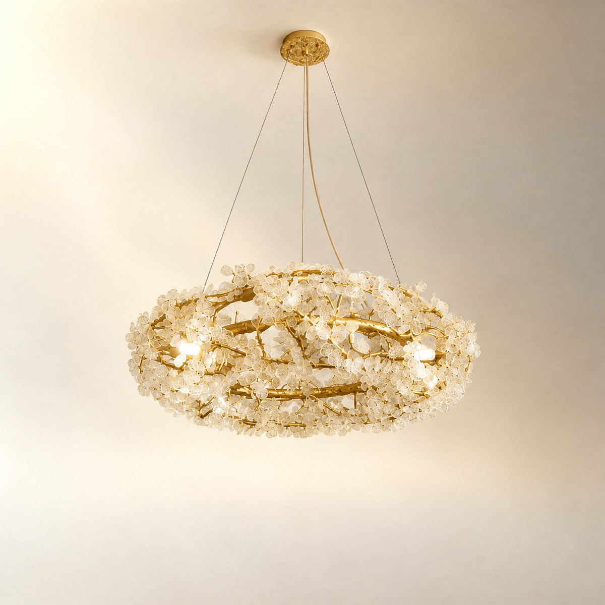 Frosted Glass Leaf Halo Chandelier with Gold Branch Frame