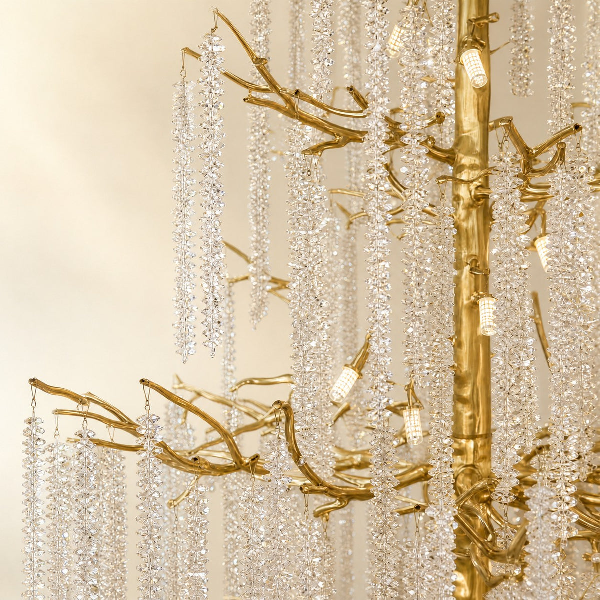 Gold Branch Chandelier with Cascading Crystal Raindrop Strands