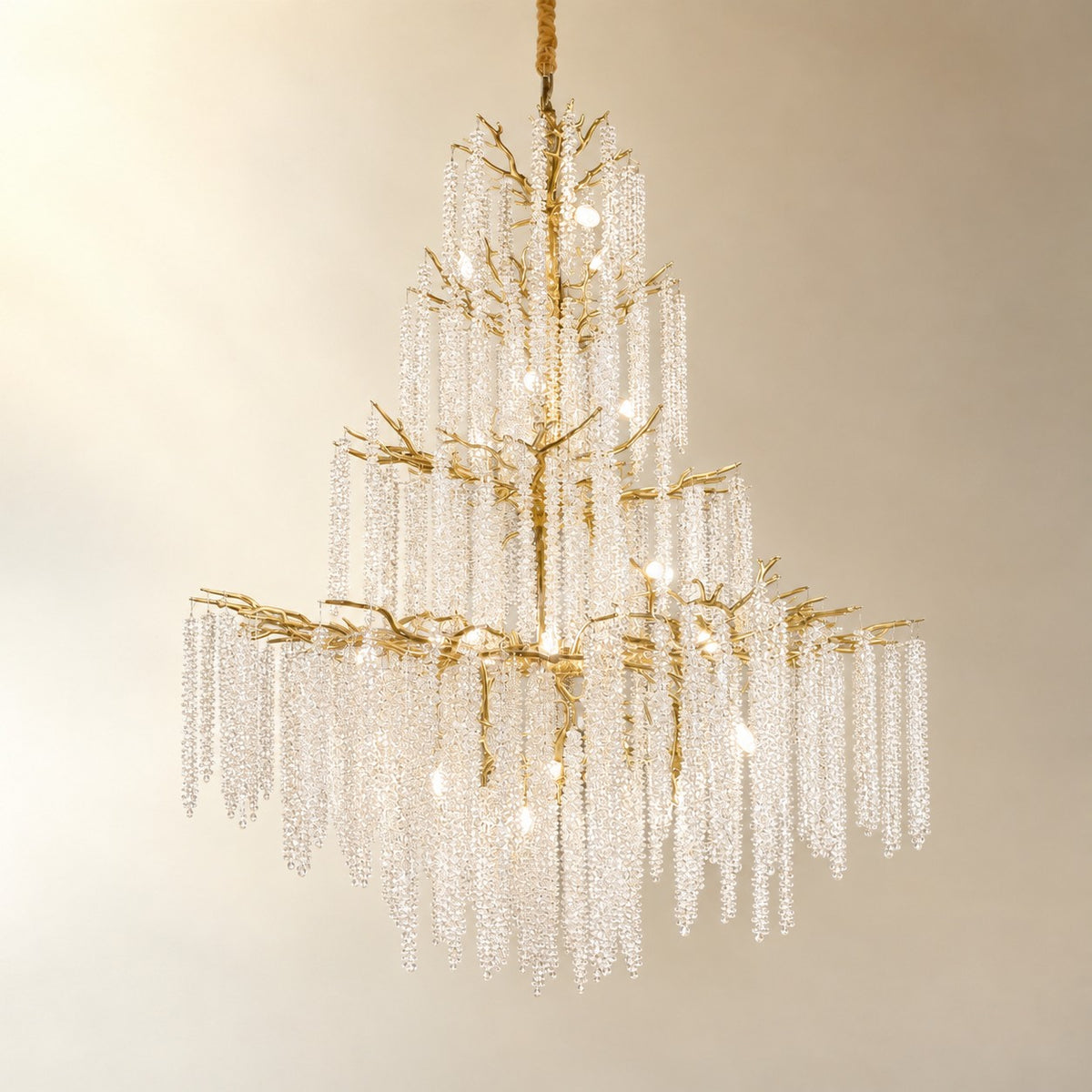 Gold Branch Chandelier with Cascading Crystal Raindrop Strands