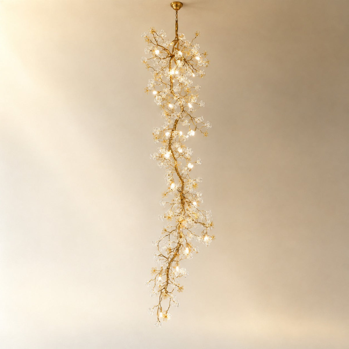 Gold Cascading Branch Chandelier with Crystal Glass Blossoms