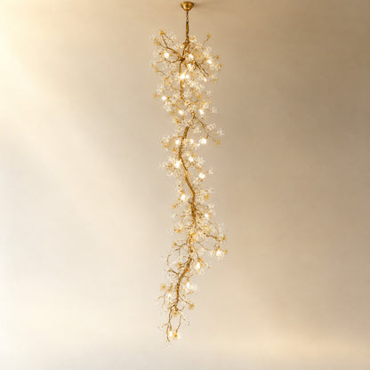 Gold Cascading Branch Chandelier with Crystal Glass Blossoms