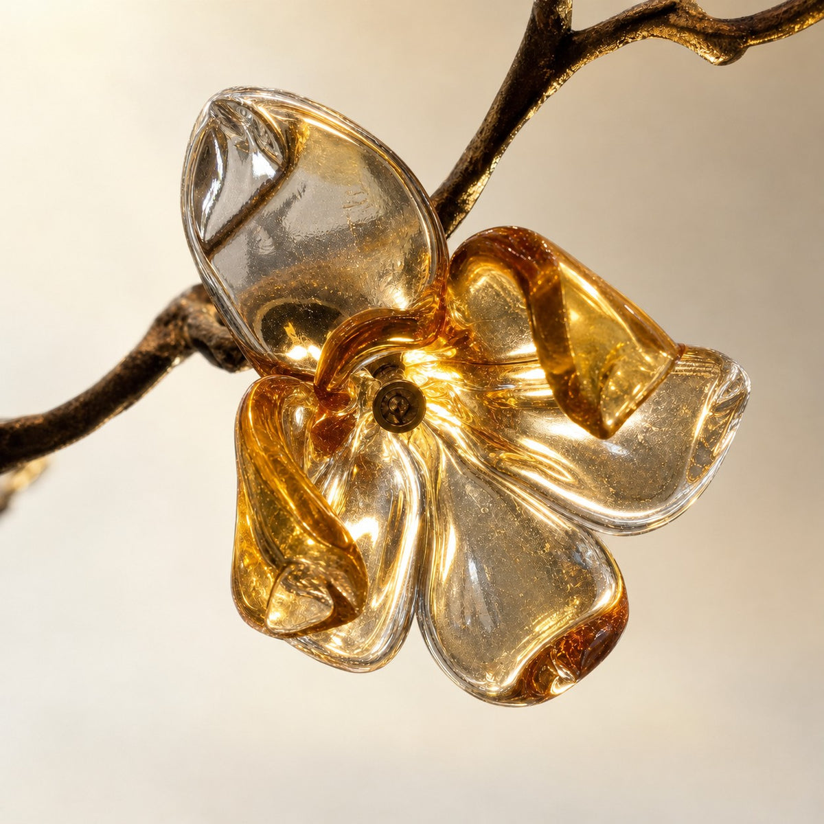 Gold Cascading Branch Chandelier with Crystal Glass Blossoms