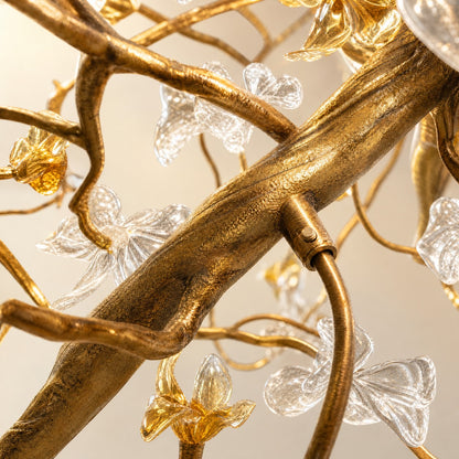 Gold Cascading Branch Chandelier with Crystal Glass Blossoms