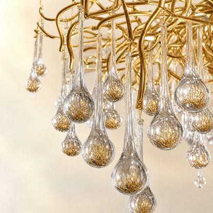 Gold Metal and Clear Crystal Teardrop Waterfall Chandelier