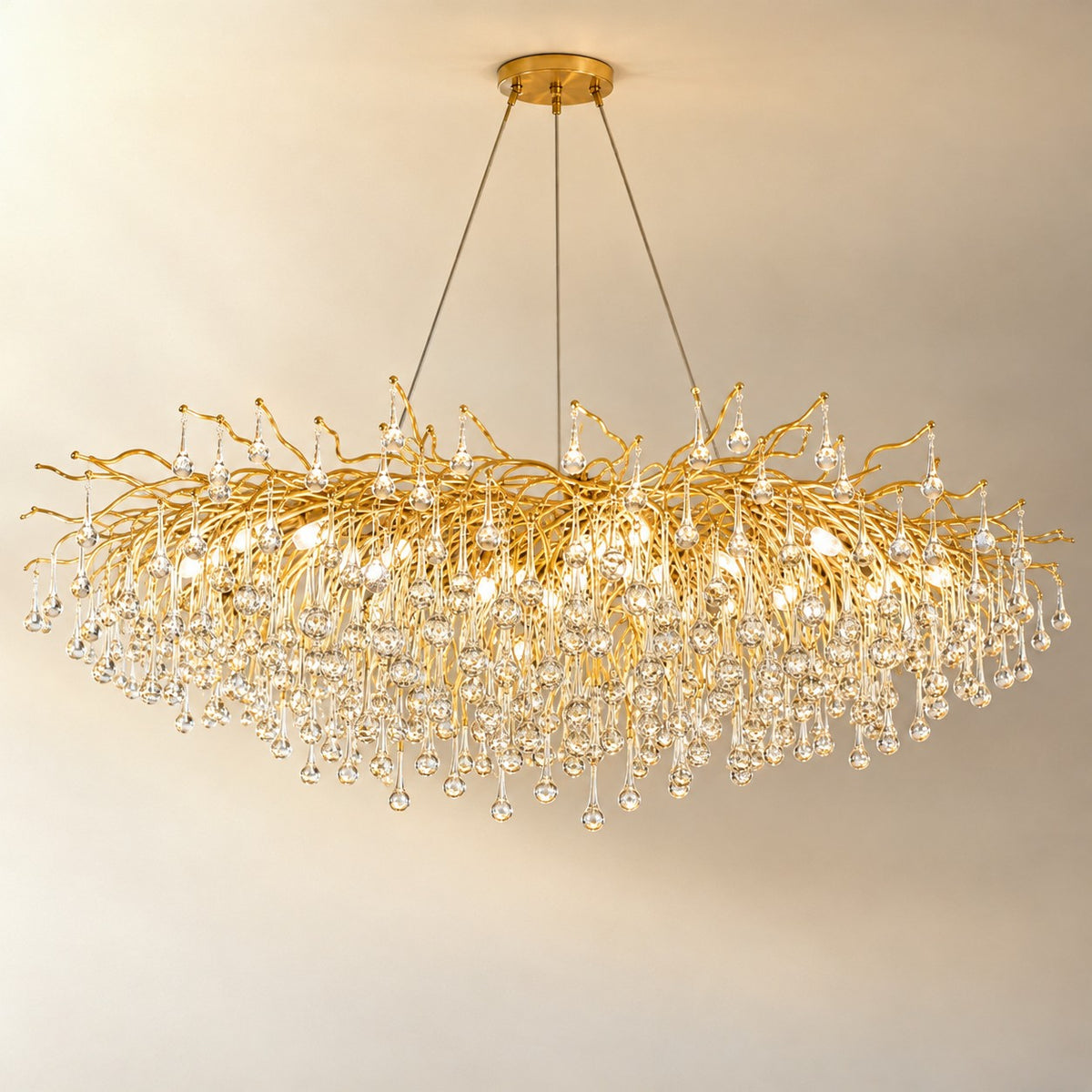 Gold Metal and Clear Crystal Teardrop Waterfall Chandelier