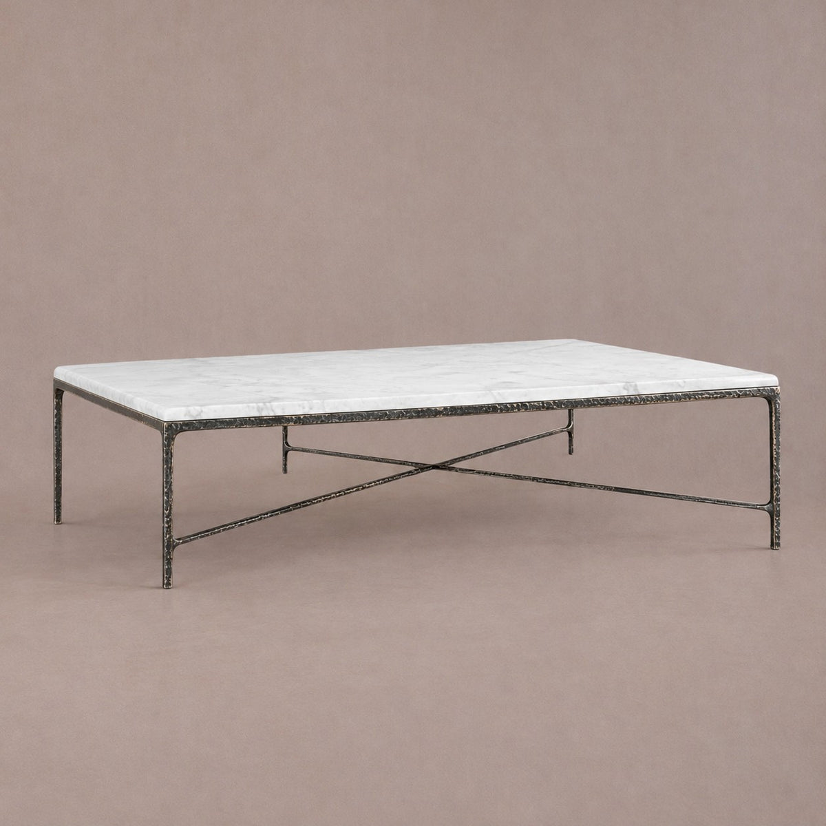 Happyarcadian Square Hammered Metal and Marble Coffee Table