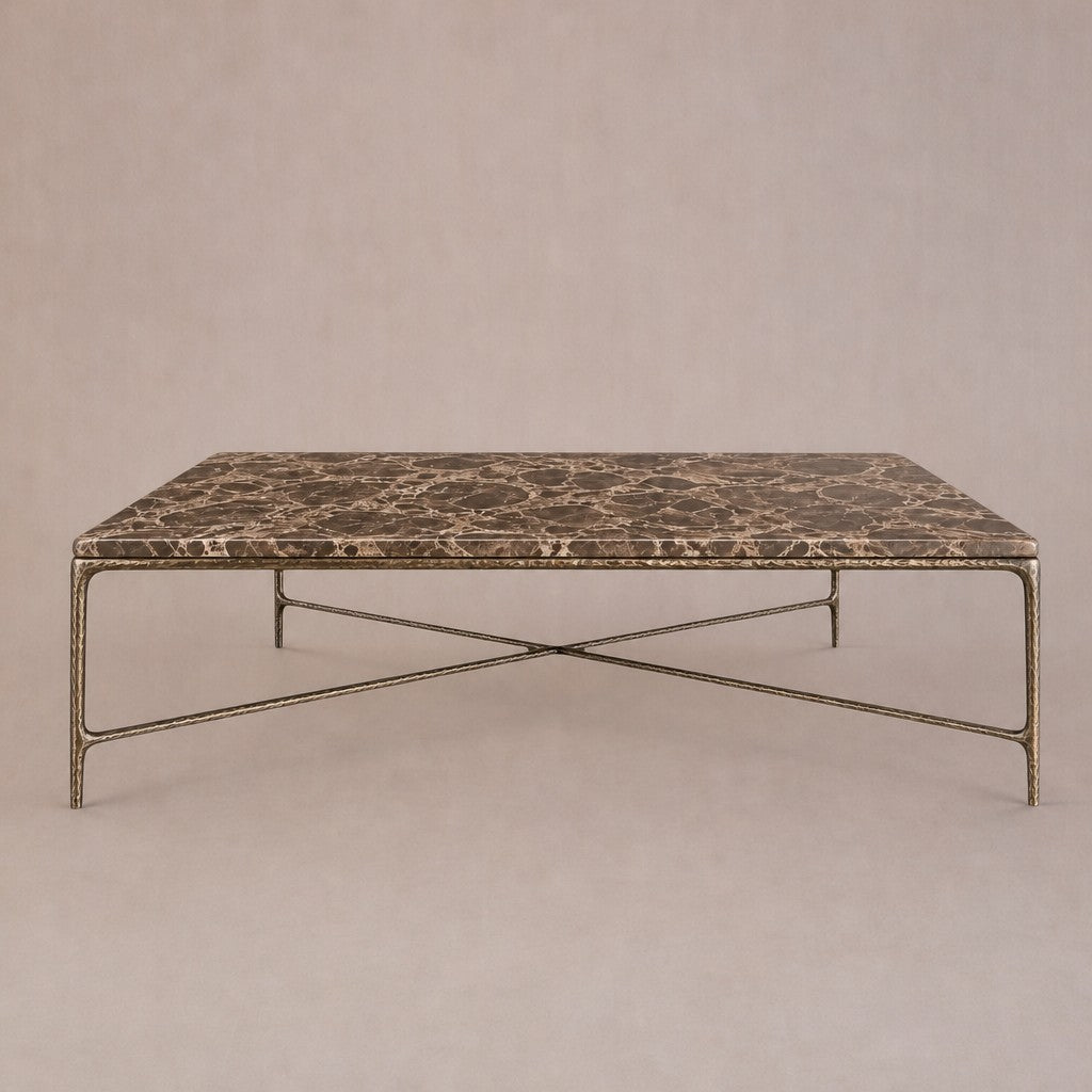 Happyarcadian Square Hammered Metal and Marble Coffee Table