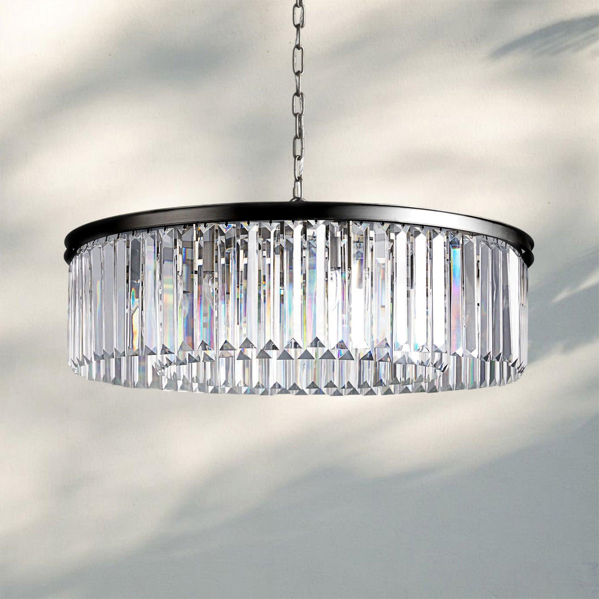 Leyland Crystal Round Chandelier Art Deco K9 Glass Iron Frame