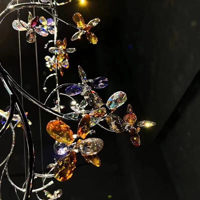 Luxury Branch Flower Crystal Chandelier for High Ceiling Staircase Foyer and Hallway Decor - D19.7"*H118"/18kgChromeWarm LightBlushlighting