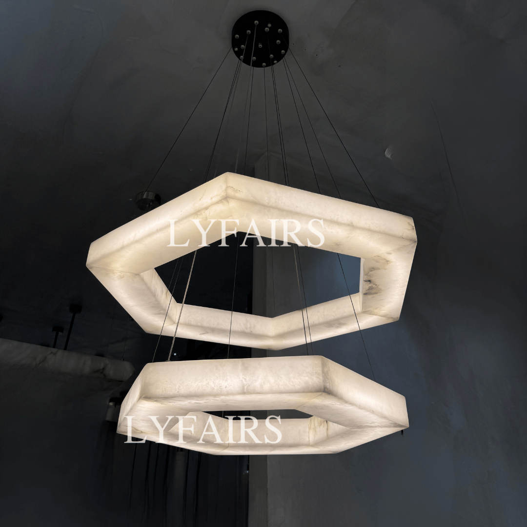 Minimalist Dual-Tier Hexagonal Alabaster Chandelier