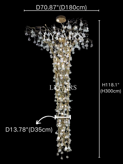 Nature-inspired Brass Tree Chandelier with Glazed Glass Flowers