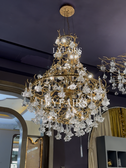 Nature-inspired Brass Tree Chandelier with Glazed Glass Flowers