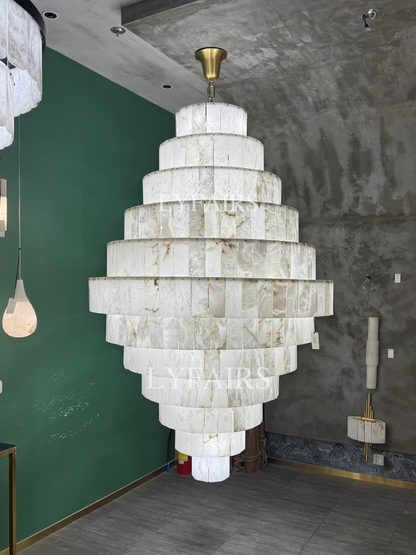 Luxury Sculpted Pyramid-Tier Alabaster Chandelier for High Ceiling