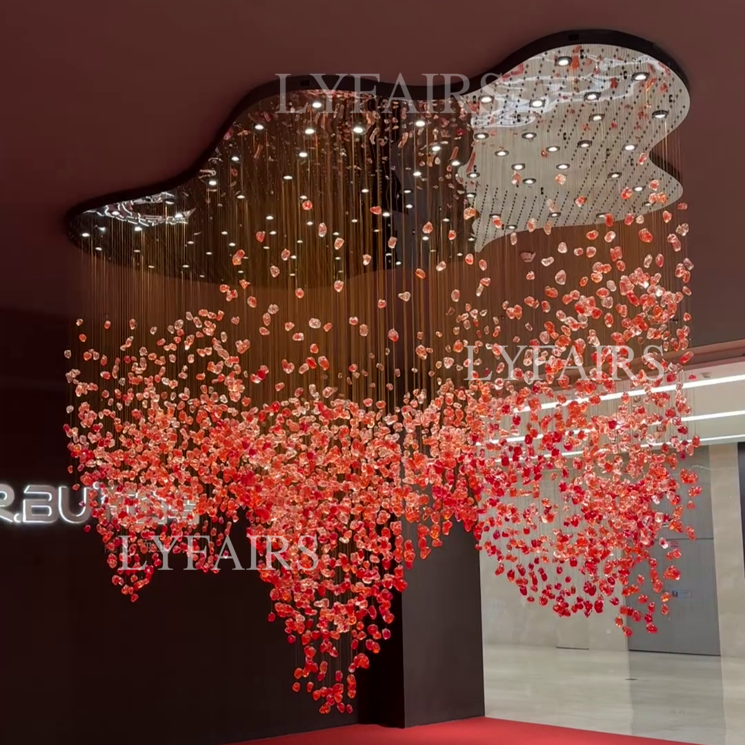 Modern Cascading Red Glazed Glass Stone Art Chandelier for Mansion/Hotel Lobby/Luxury Hall