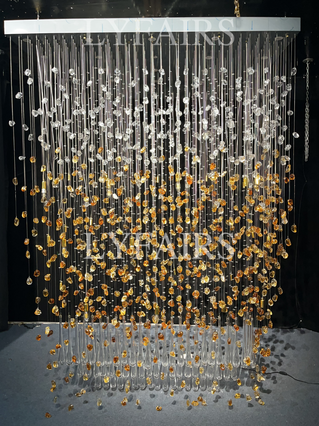 Modern Waterfall Glass Gem Stone&Teardrop Chandelier With Rectangle Canopy for Villa/Hotel/Entryway/Living Room
