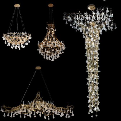 Nature-inspired Brass Tree Chandelier with Glazed Glass Flowers