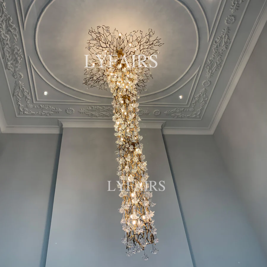 Nature-inspired Brass Tree Chandelier with Glazed Glass Flowers