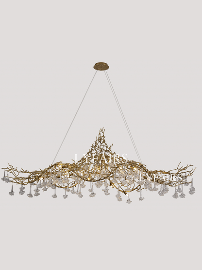 Nature-inspired Brass Tree Chandelier with Glazed Glass Flowers
