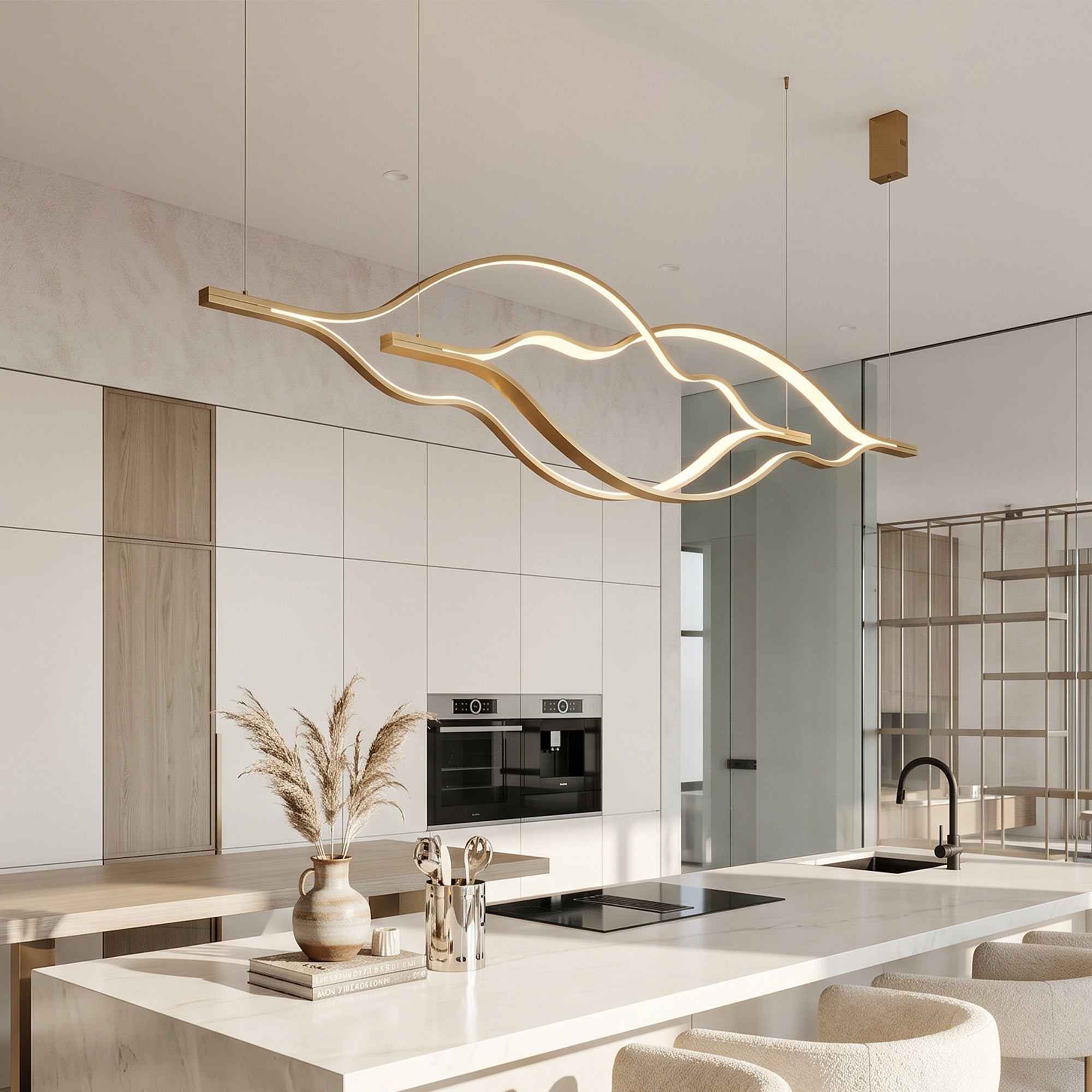 Modern Simple Brass Waving Chandelier for Living/Dining Room/Kitchen Island