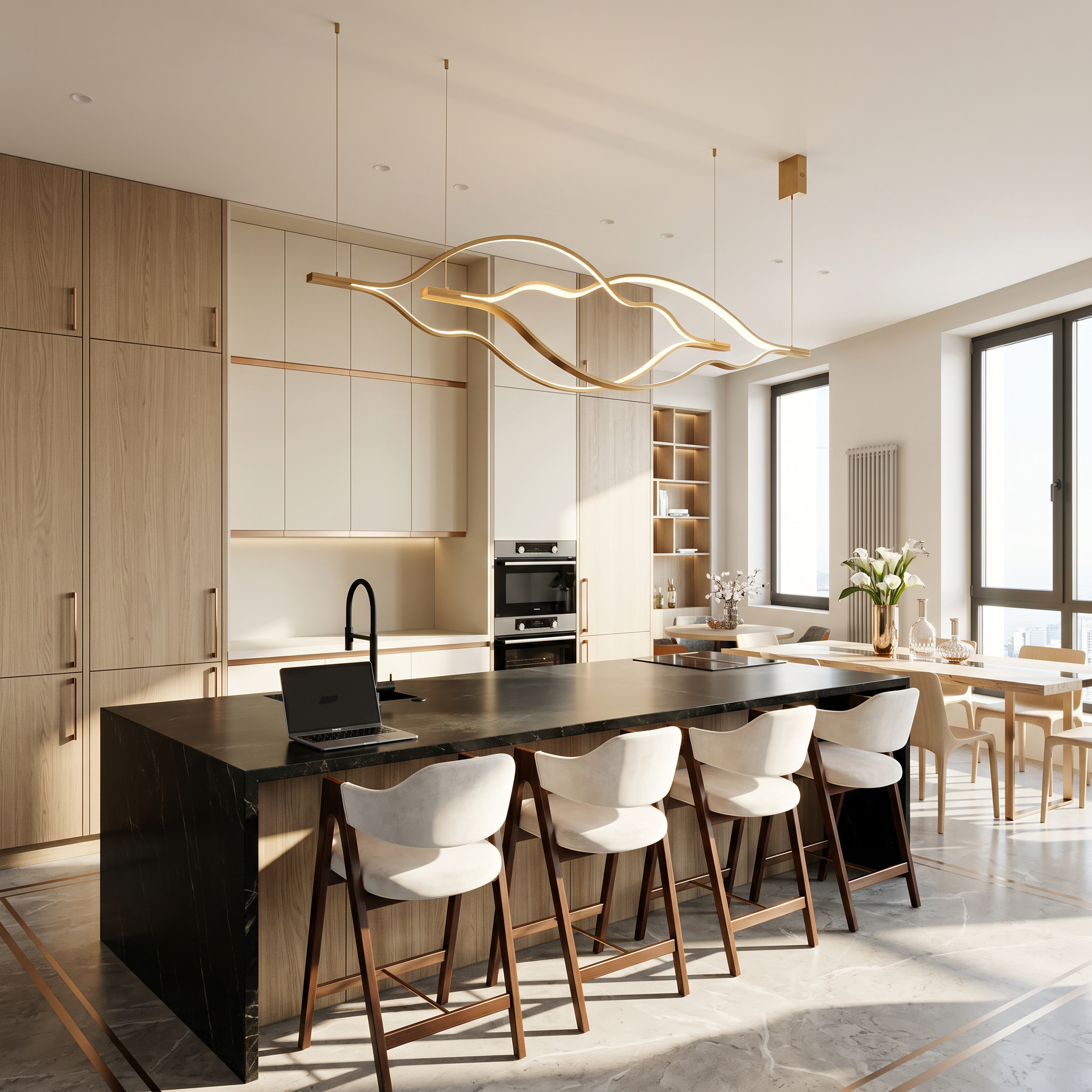 Modern Simple Brass Waving Chandelier for Living/Dining Room/Kitchen Island
