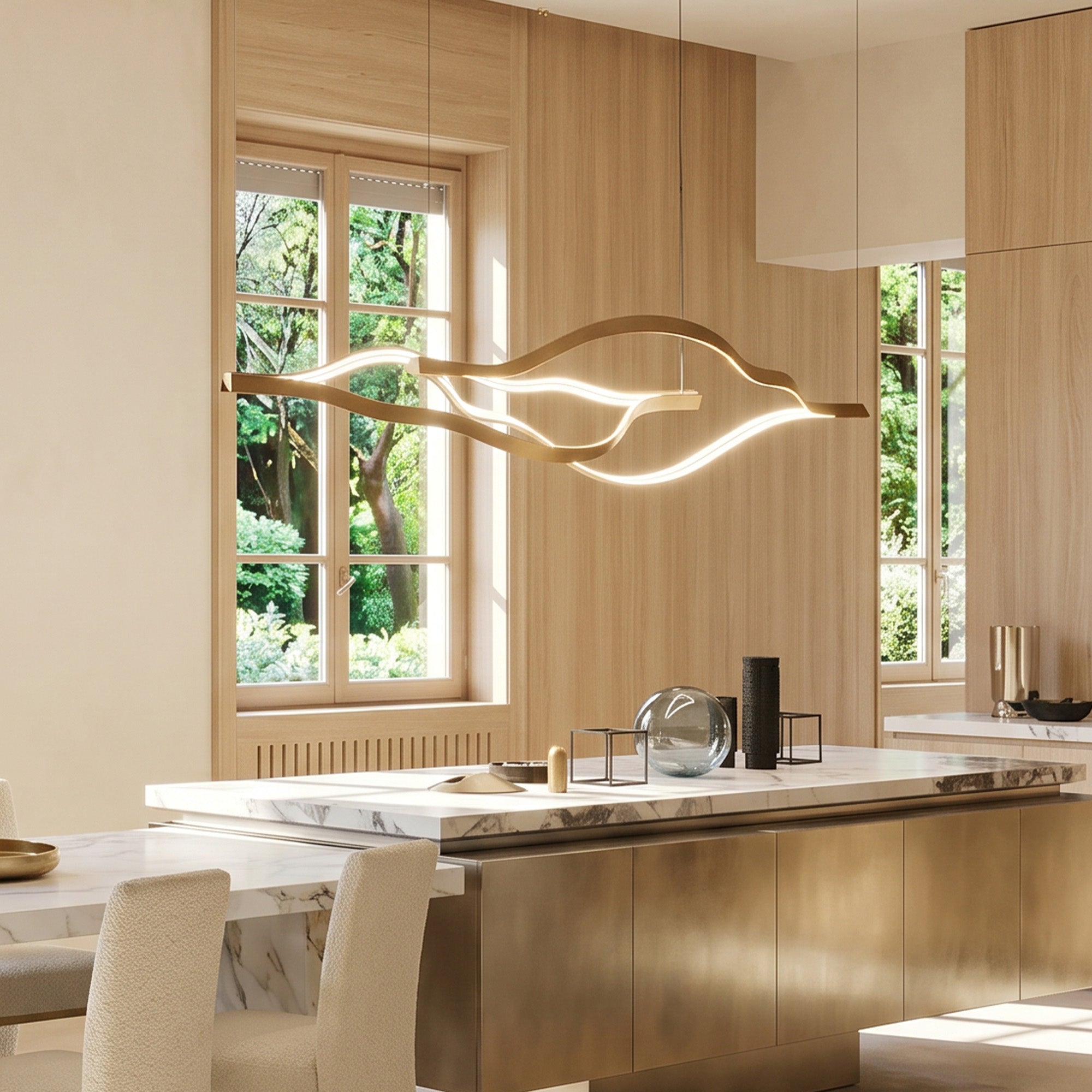 Modern Simple Brass Waving Chandelier for Living/Dining Room/Kitchen Island