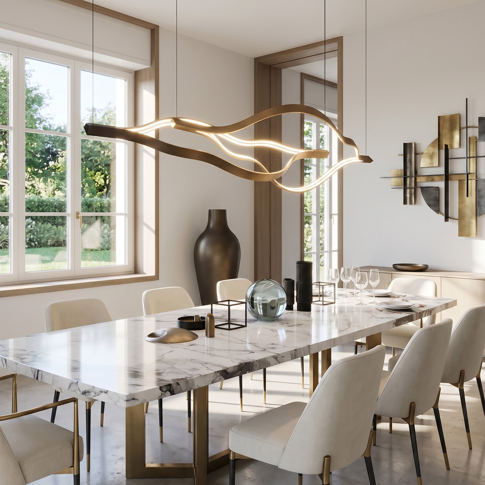 Modern Simple Brass Waving Chandelier for Living/Dining Room/Kitchen Island