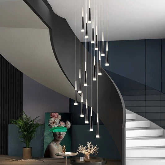 JC Golden/Black LED Hanging Meteor Rain Staircase Chandelier Black lamp body / 15 Cone tube