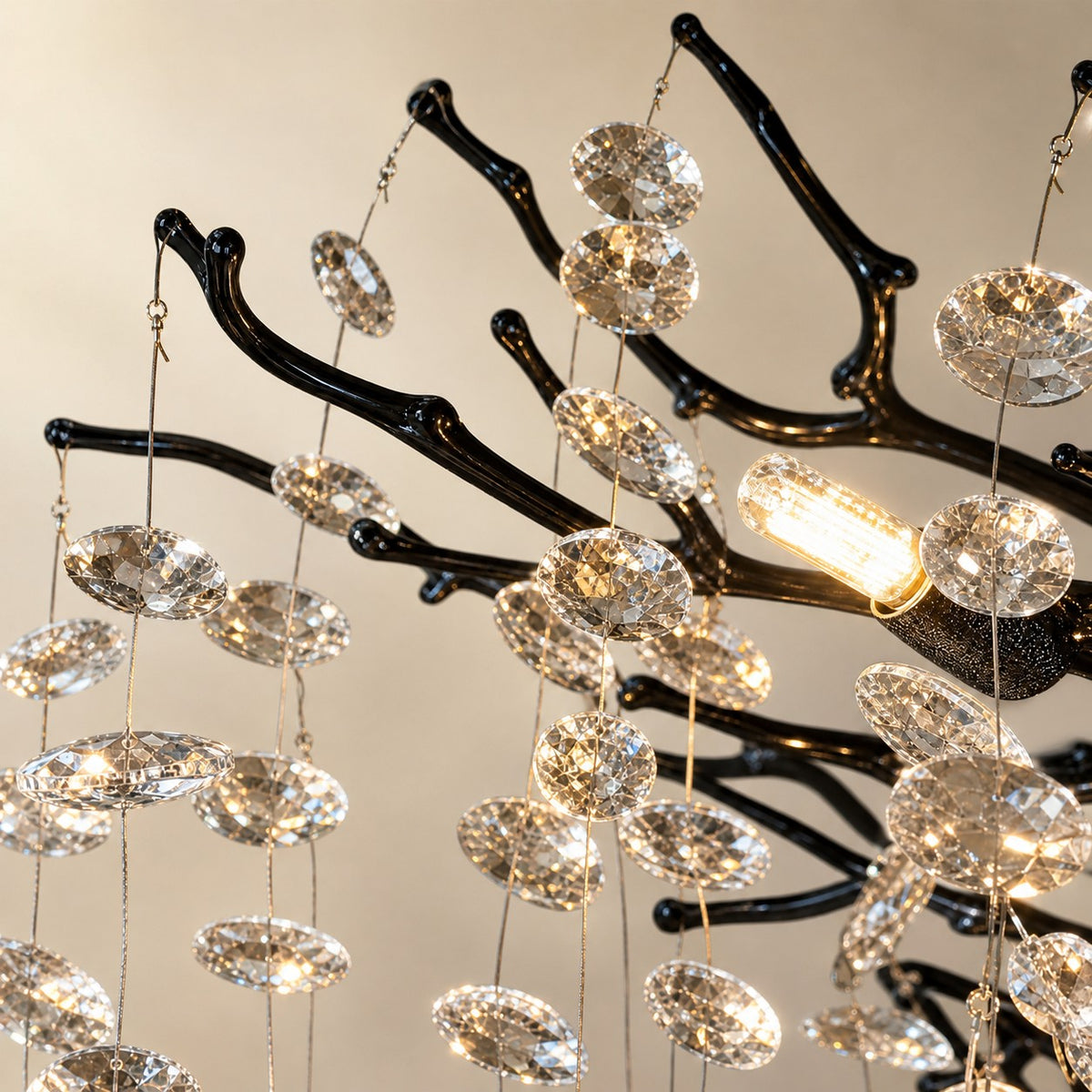 Matte Black Metal and Crystal Branch Chandelier