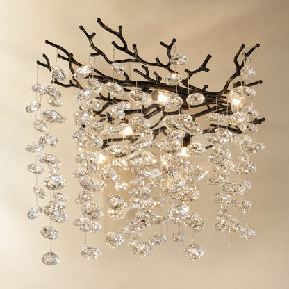 Matte Black Metal and Crystal Branch Chandelier