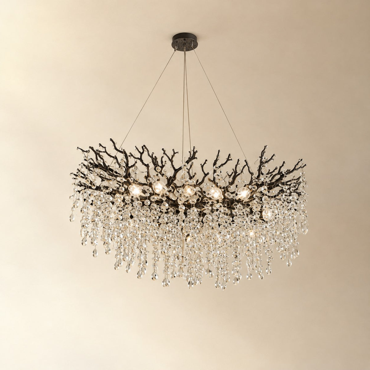 Matte Black Metal and Crystal Branch Chandelier