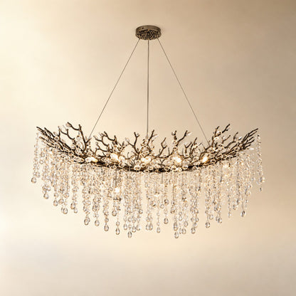 Matte Black Metal and Crystal Branch Chandelier