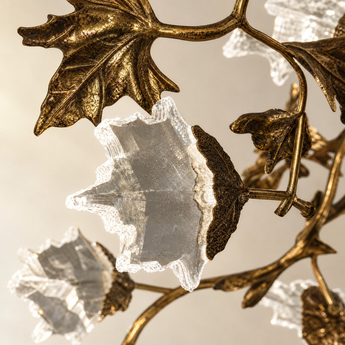 Modern Crystal Leaf Branch Chandelier in Antique Brass