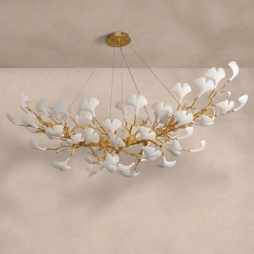 Modern Gold Tree Branch Chandelier for Dining Room, 55-inch Rectangle Ceramic Ginkgo Leaf Chandelier