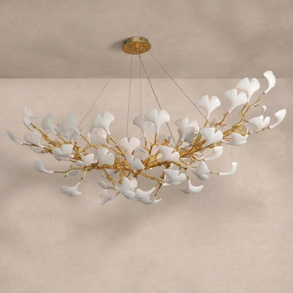 Modern Gold Tree Branch Chandelier for Dining Room, 55-inch Rectangle Ceramic Ginkgo Leaf Chandelier