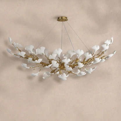 Modern Gold Tree Branch Chandelier for Dining Room, 55-inch Rectangle Ceramic Ginkgo Leaf Chandelier