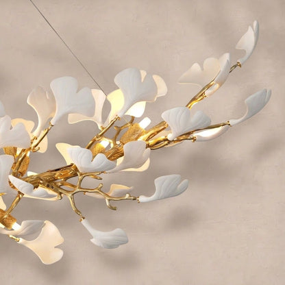 Modern Gold Tree Branch Chandelier for Dining Room, 55-inch Rectangle Ceramic Ginkgo Leaf Chandelier
