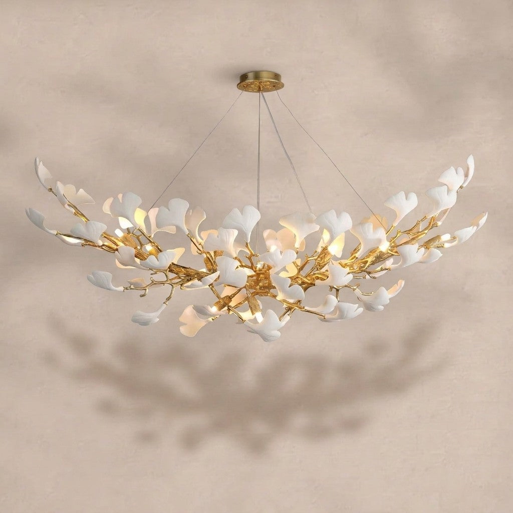 Modern Gold Tree Branch Chandelier for Dining Room, 55-inch Rectangle Ceramic Ginkgo Leaf Chandelier