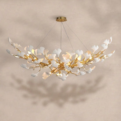 Modern Gold Tree Branch Chandelier for Dining Room, 55-inch Rectangle Ceramic Ginkgo Leaf Chandelier