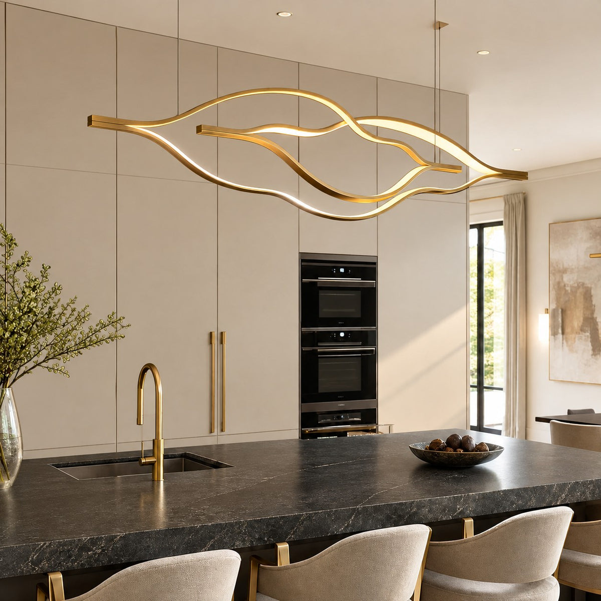 Modern Simple Brass Waving Chandelier for Living/Dining Room/Kitchen Island