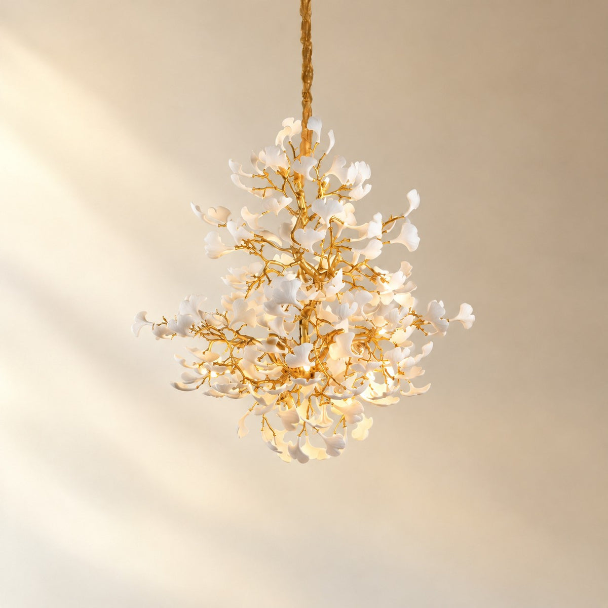 Moon Ring Ceramic Ginkgo Leaf Staircase Chandelier D1200 - Gold