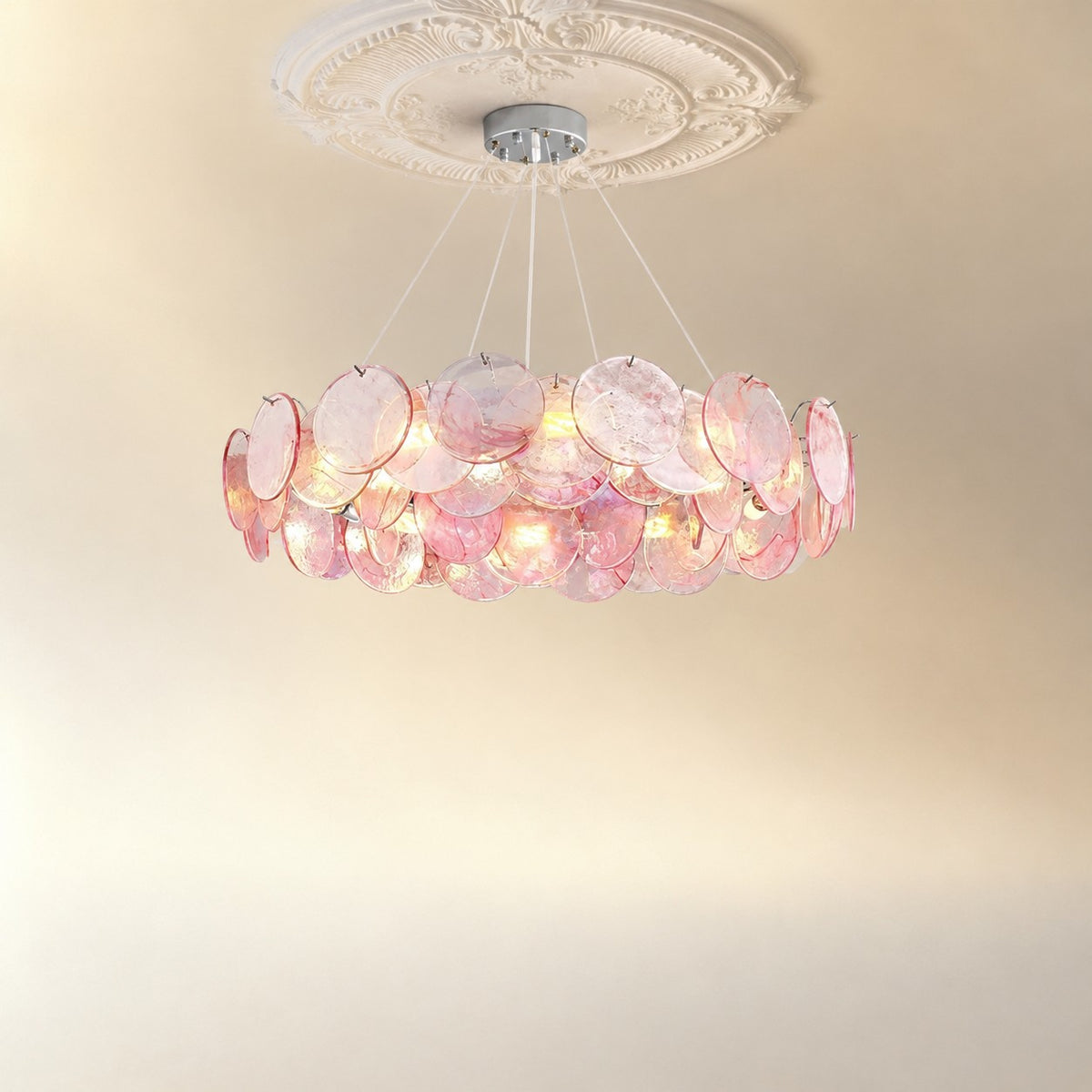 Murano Glass Disc Chandelier, Pink / Green