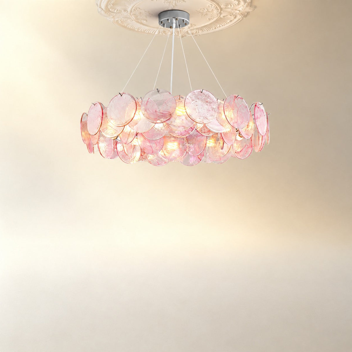 Murano Glass Disc Chandelier, Pink / Green