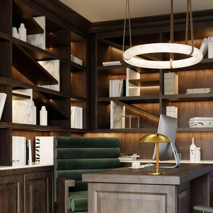 Oslo L1P Pendant Alabaster Chandelier, Halo Ring Chandelier With canopy Over Dining Table