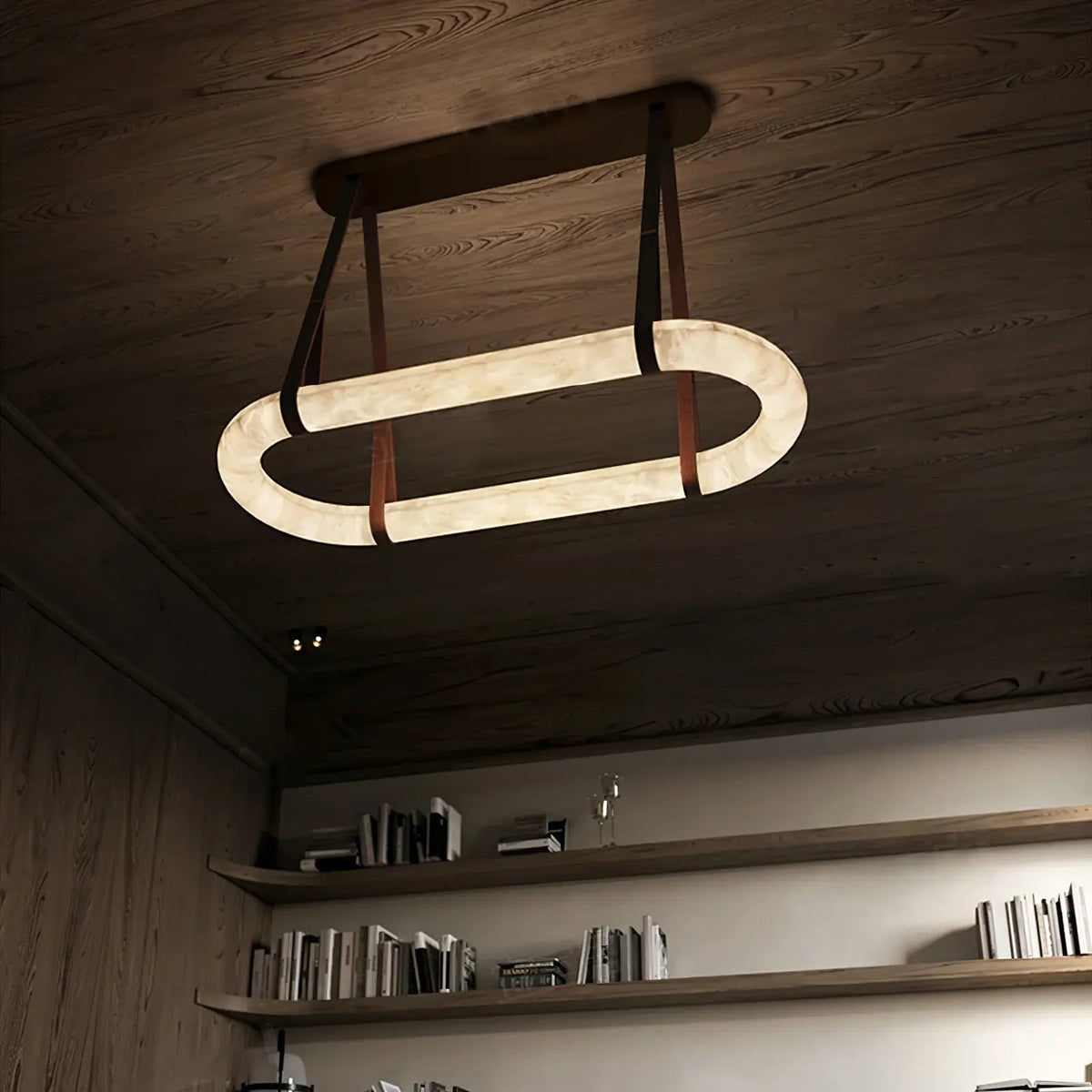 Oval Alabaster Ring Chandelier with Faux Leather Straps