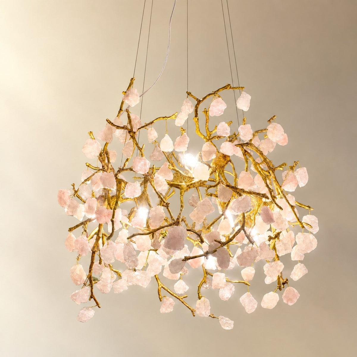 Rose Quartz Branching Crystal Chandelier in Warm Brass
