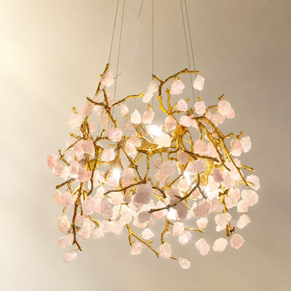 Rose Quartz Branching Crystal Chandelier in Warm Brass